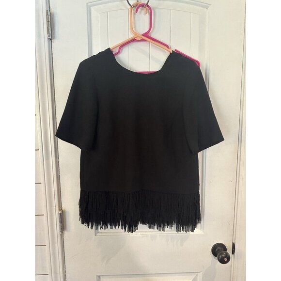 Banana Republic Black Short Sleeve Fringe Blouse Size Small Petite - Picture 2 of 6